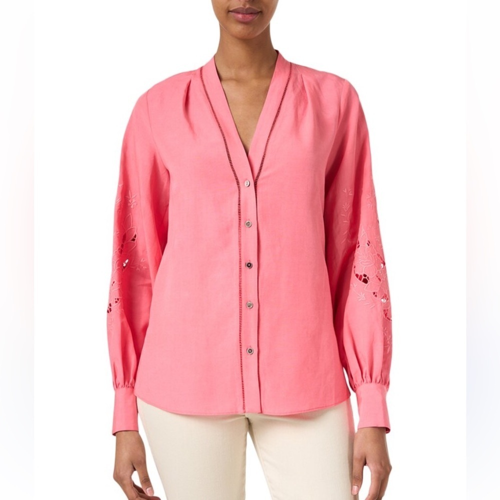 Kobi Halperin luxury linen blend blouse button up V neck embroidered cut out slv